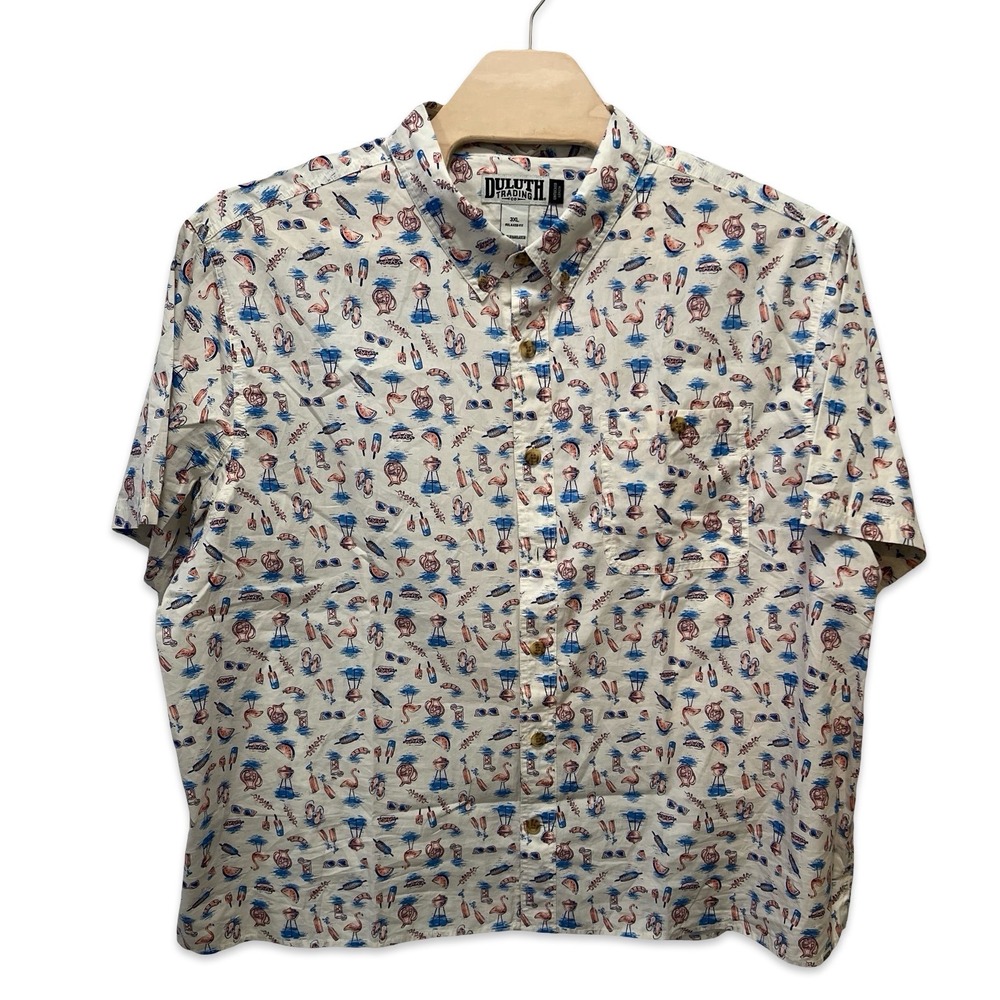 Duluth Trading Co Mens 3XL Relaxed Fit Flamingo BBQ Print Button Down Shirt